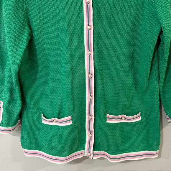 Talbots Green Pearl Button Down Cardigan Sweater Pink White Trim Size XS - Picture 4 of 8
